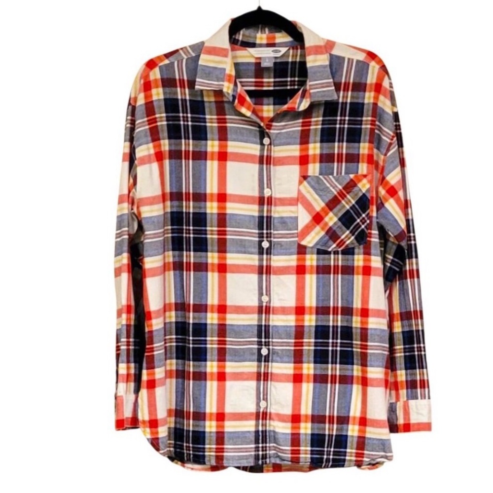 Old Navy The Boyfriend Shirt Relaxed Loose Fit Red White Blue Plaid Size Lg NEW